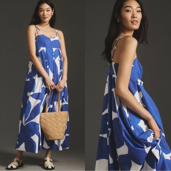 Anthropologie Dresses & Skirts - By Anthropologie 100% Cotton Blue White Floral Maxi Summer Dress Pockets XS